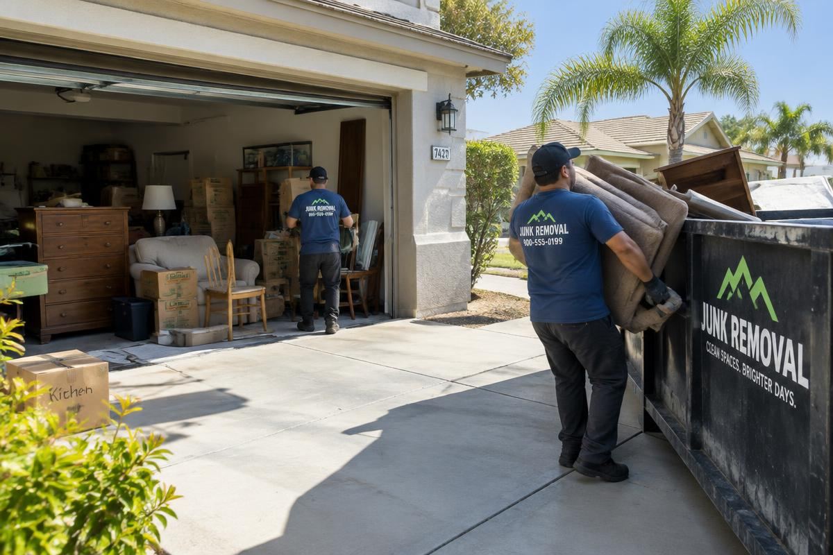 Crew loading old furniture into a dumpster during a garage cleanout
